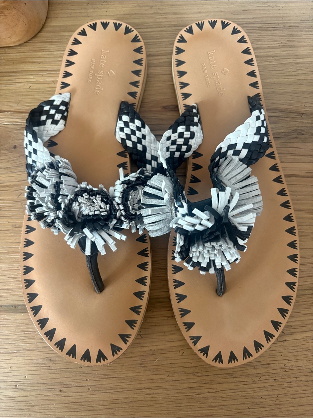 kate spade Black & White Braided Floral Toe-Post Sandals